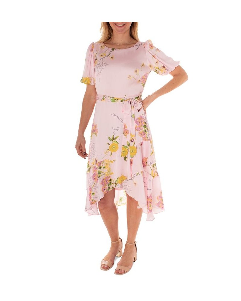Women's Floral-Print Balloon-Sleeve Faux-Wrap Dress Pink/Gold $55.04 Dresses