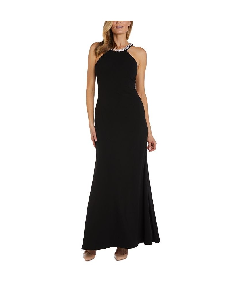 Women's Rhinestone-Trim-Neck Scuba Crepe Gown Black $65.91 Dresses