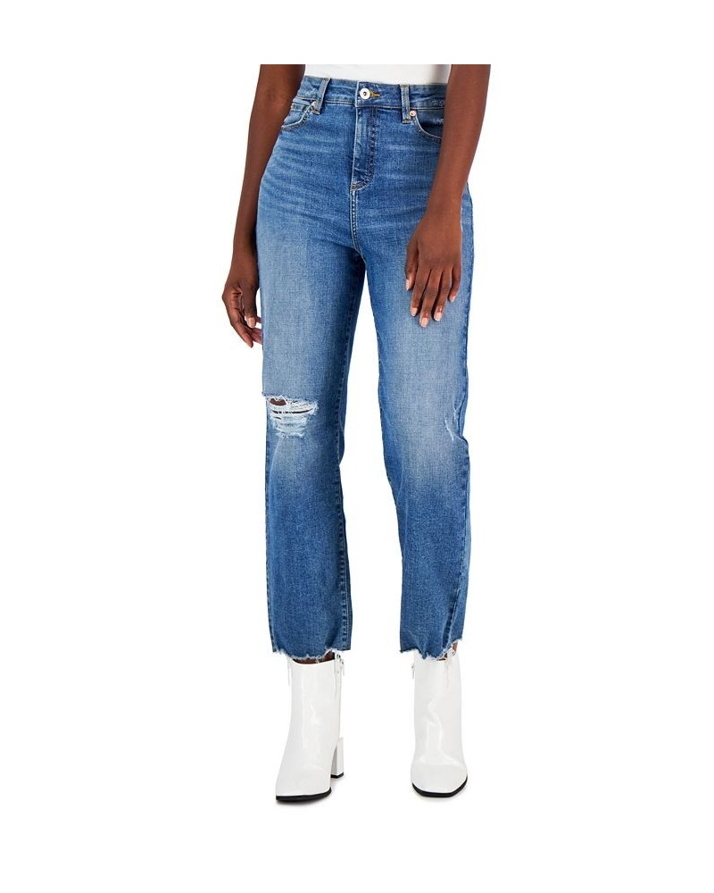 Women's High-Rise Distressed Straight-Leg Jeans Medium Indigo $15.81 Jeans