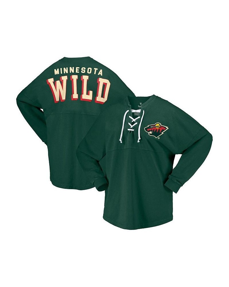 Women's Branded Green Minnesota Wild Spirit Lace-Up V-Neck Long Sleeve Jersey T-shirt Green $33.60 Tops